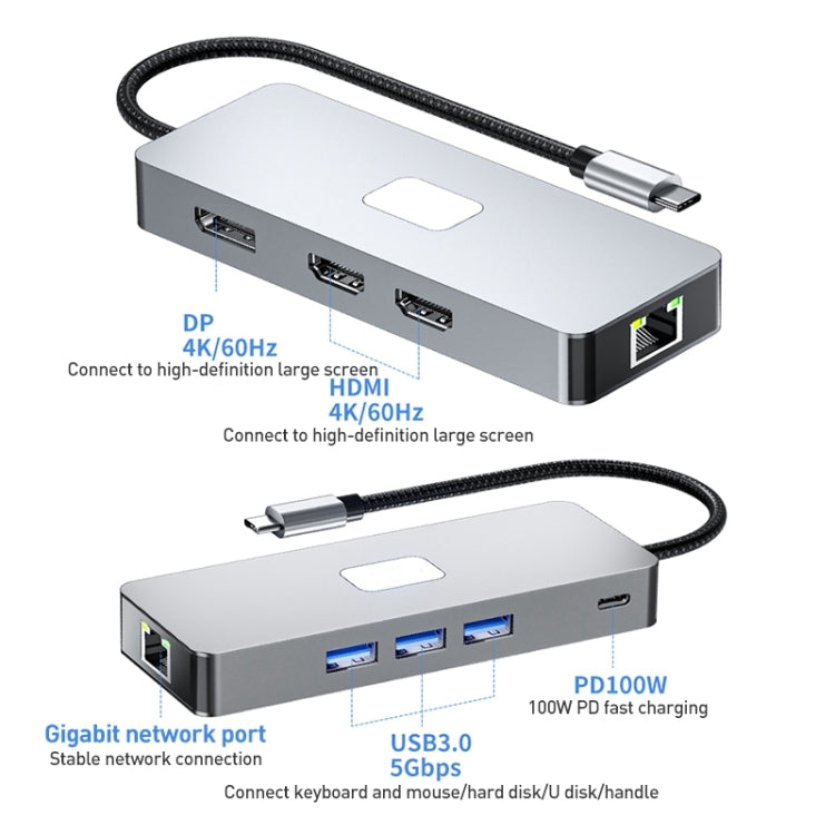 BYL-2401 8 in 1 Type-C to PD100W + USB3.0 + HDMI + DP + RJ45 HUB Docking Station, BYL-2401