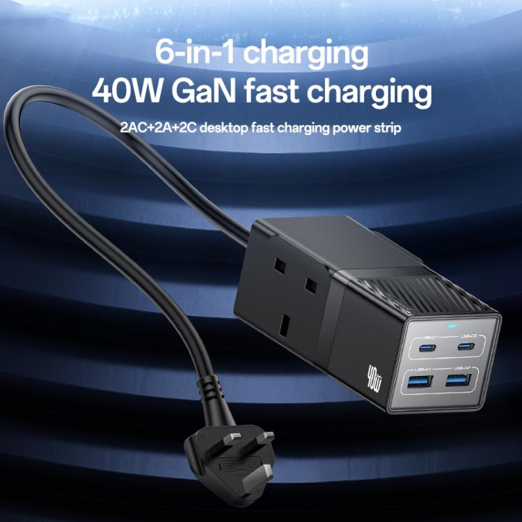 Yesido MC37 40W 6 In 1 Dual Type-C and Dual USB-A with 2 Socket Desktop GaN Power Socket Power Strip, MC37