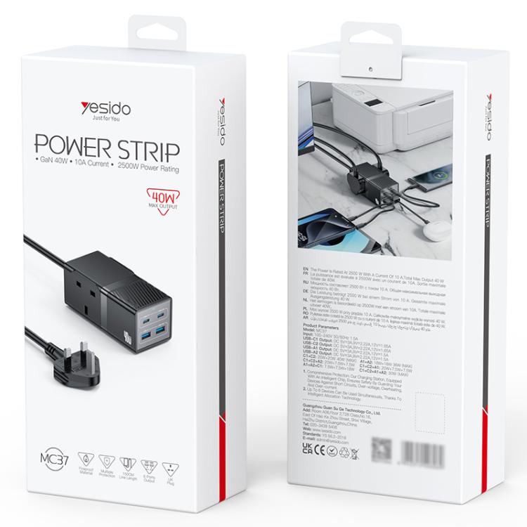Yesido MC37 40W 6 In 1 Dual Type-C and Dual USB-A with 2 Socket Desktop GaN Power Socket Power Strip, MC37