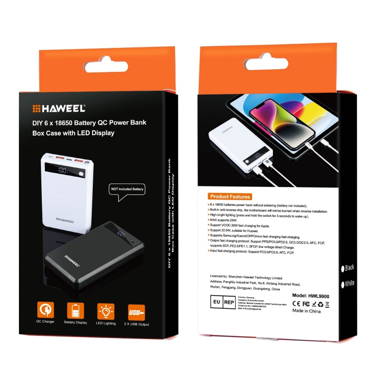 HAWEEL DIY 6 x 18650 Battery 24W Fast Charge Power Bank Box Case with Display, Not Include Battery, 6 x 18650 Battery