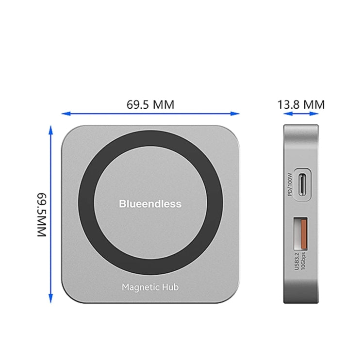 Blueendless 8-In-1 Magnetic HUB With M.2 NVMe/SATA SSD Enclosure (HDMI+PD100W+USB-C/Type-C 3.2+USB-A 3.2+SD+TF+AUX), MC906