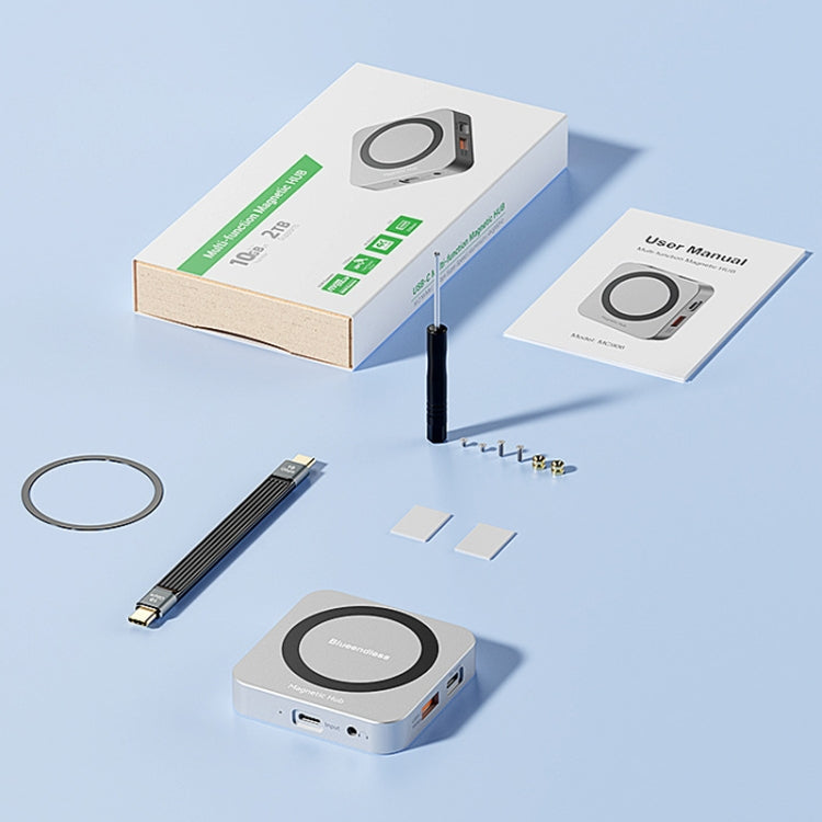 Blueendless 8-In-1 Magnetic HUB With M.2 NVMe/SATA SSD Enclosure (HDMI+PD100W+USB-C/Type-C 3.2+USB-A 3.2+SD+TF+AUX), MC906