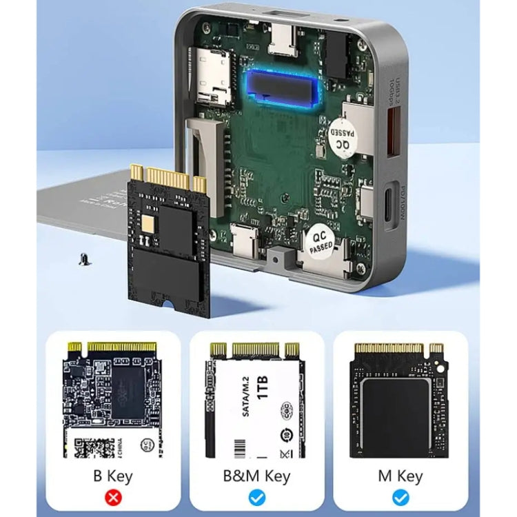 Blueendless 8-In-1 Magnetic HUB With M.2 NVMe/SATA SSD Enclosure (HDMI+PD100W+USB-C/Type-C 3.2+USB-A 3.2+SD+TF+AUX), MC906