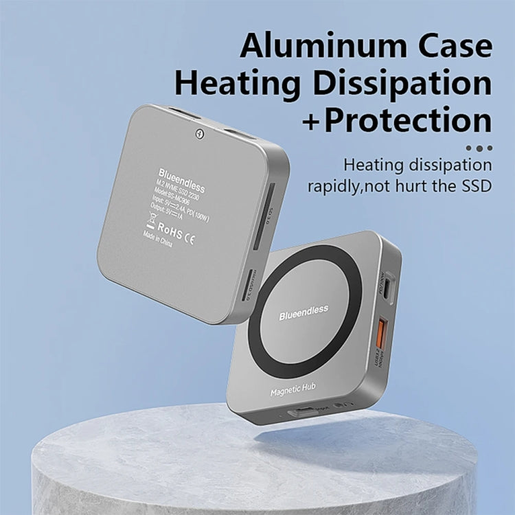 Blueendless 8-In-1 Magnetic HUB With M.2 NVMe/SATA SSD Enclosure (HDMI+PD100W+USB-C/Type-C 3.2+USB-A 3.2+SD+TF+AUX), MC906